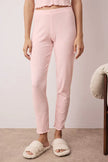 Pink Collar and Baby Overlock Detailed Floral Ribbed Knit Pajama Set