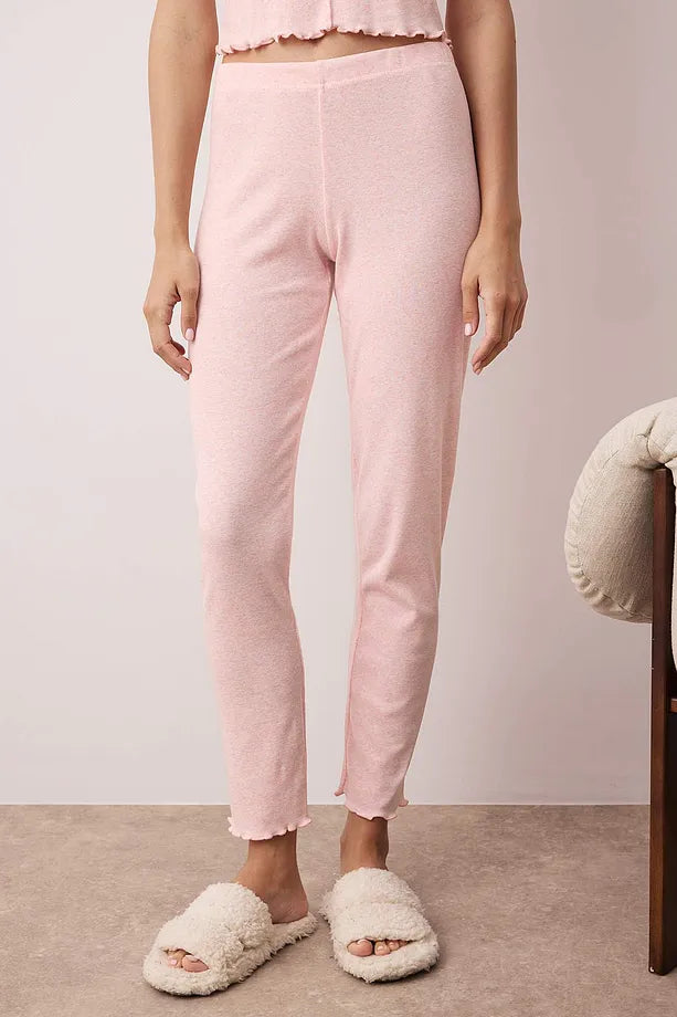 Pink Collar and Baby Overlock Detailed Floral Ribbed Knit Pajama Set
