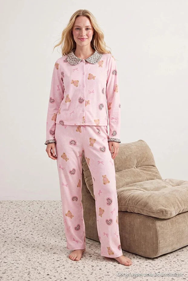 Pink Leopard & Teddy Bear Ruffle Knit Pajama Set