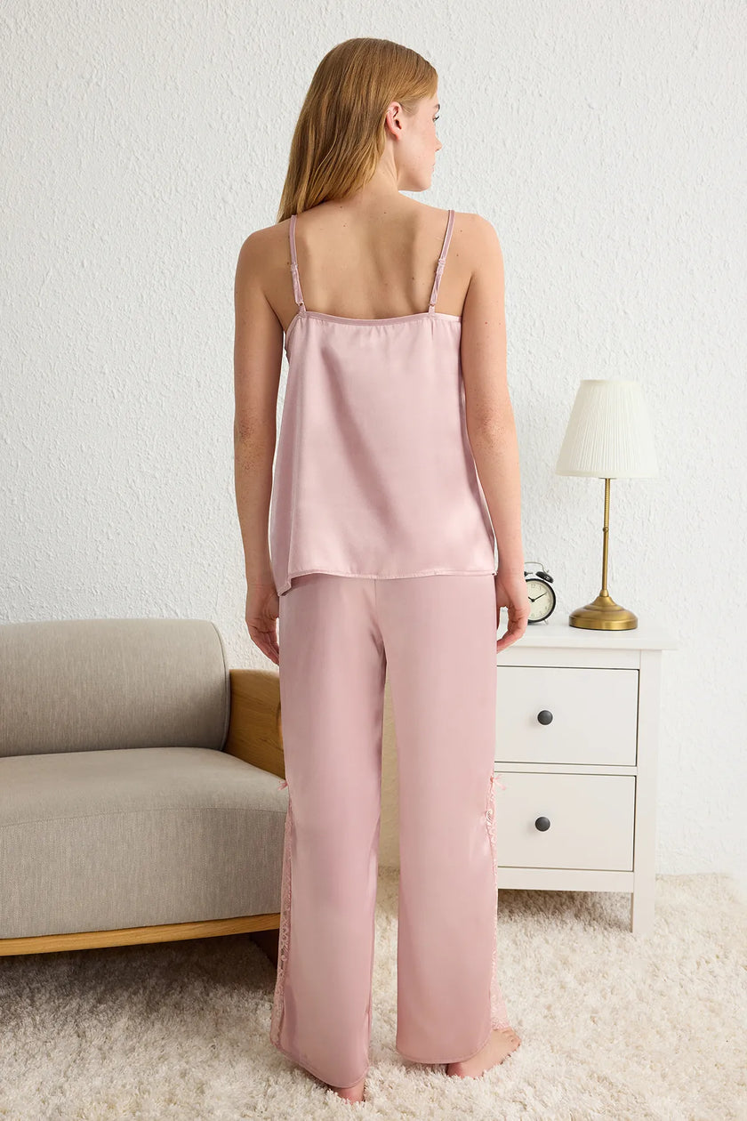 Pink Lace, Slit and Ribbon/Bow Detailed Satin Woven Pajama Set