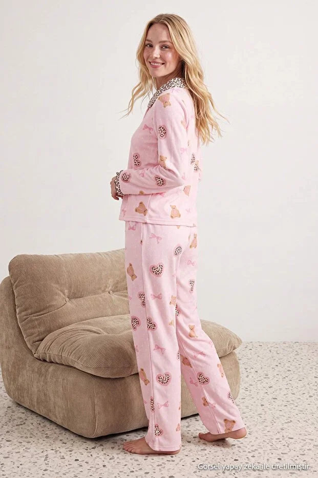 Pink Leopard & Teddy Bear Ruffle Knit Pajama Set