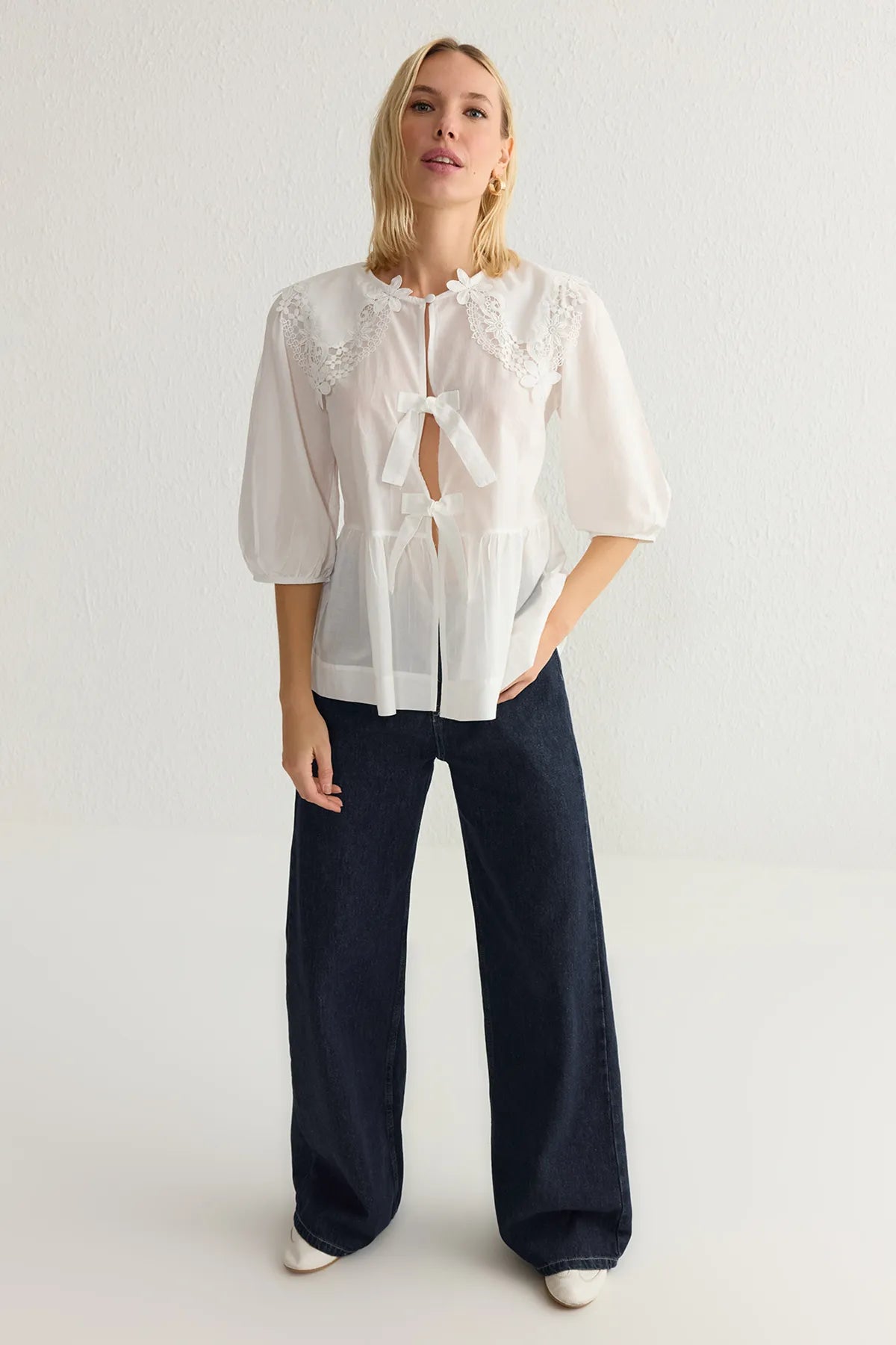 White Front Tie and Lace Detail Woven Shirt