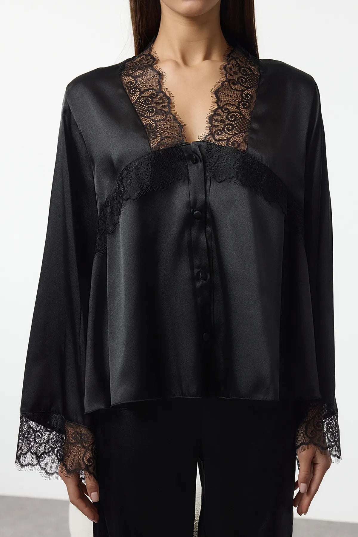 Black Lace Detailed Satin Woven Pajama Set