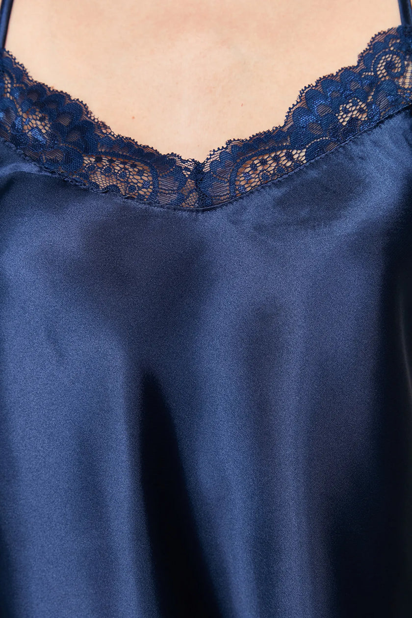 Navy Blue Lace Rope Strap Satin Shorts Woven Pajama Set