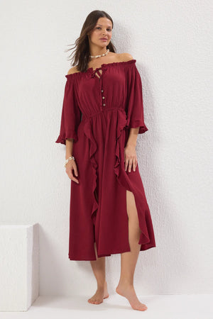 Burgundy Woven Oversize Maxi Woven Beach Dress