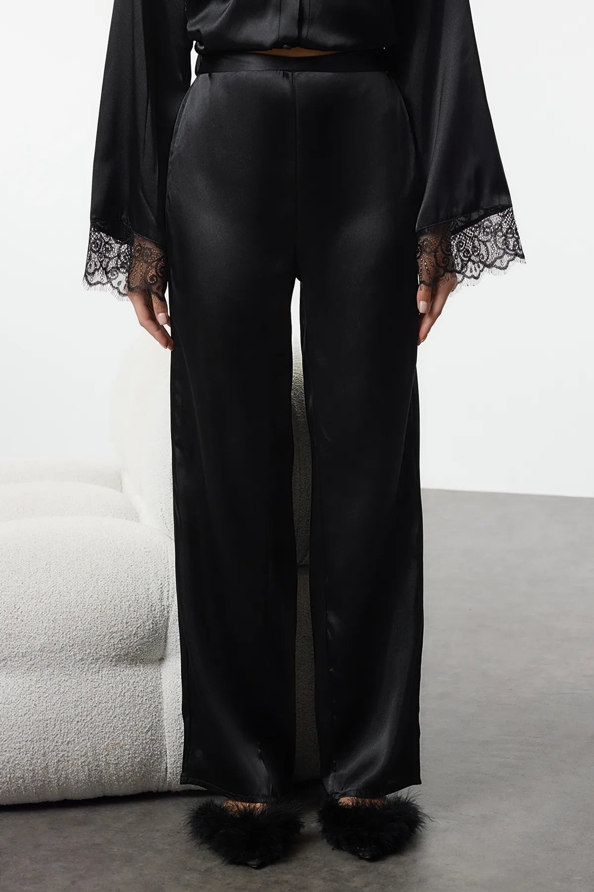 Black Lace Detailed Satin Woven Pajama Set