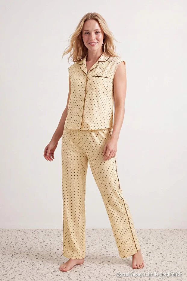 Yellow Polka Dot Piping Detail Viscose Woven Pajama Set