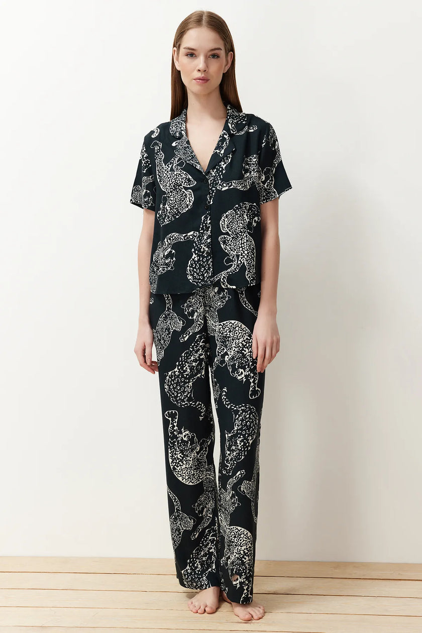 Anthracite Tiger Patterned Viscose Woven Pajama Set