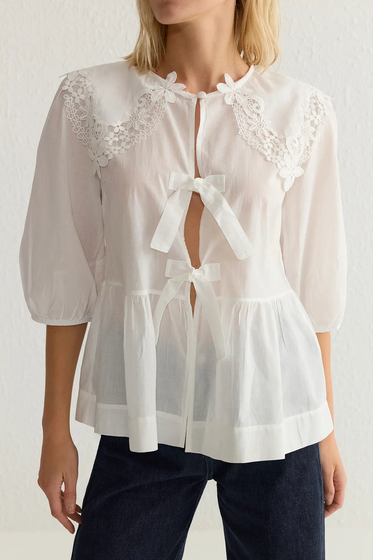 White Front Tie and Lace Detail Woven Shirt