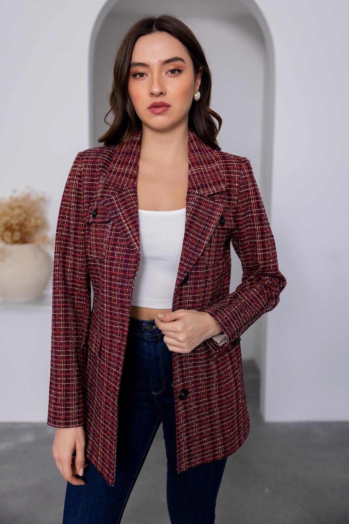 Patterned Tweed Jacket - DARK RED