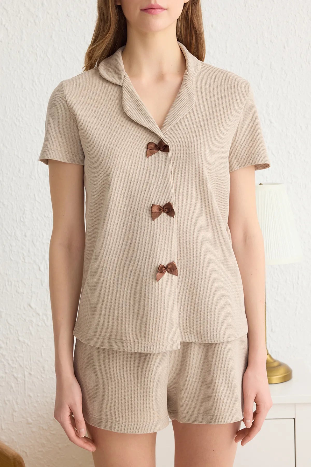 Beige Ribbon/Bow Detailed Waffle Fabric Knitted Pajama Set