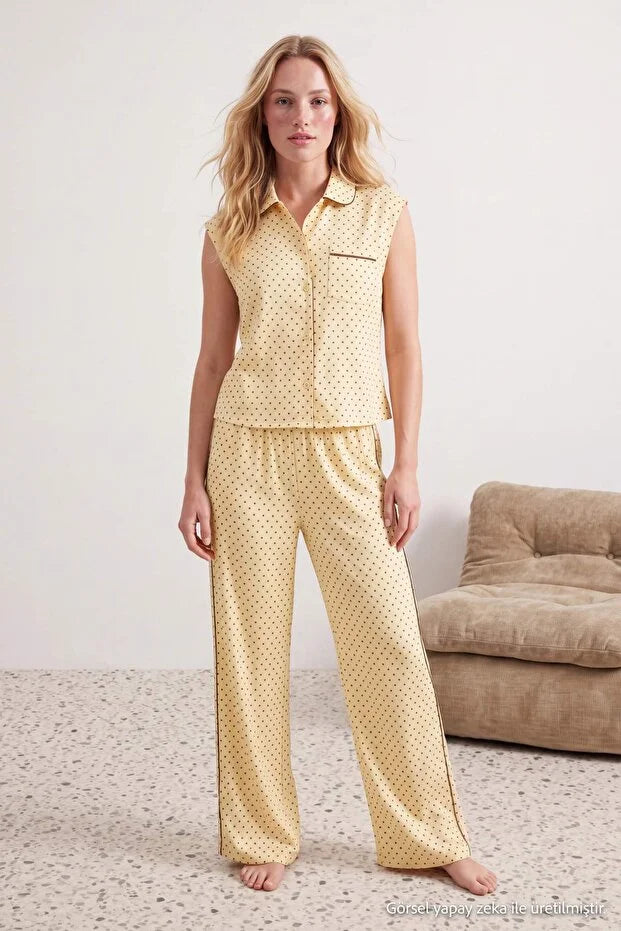 Yellow Polka Dot Piping Detail Viscose Woven Pajama Set