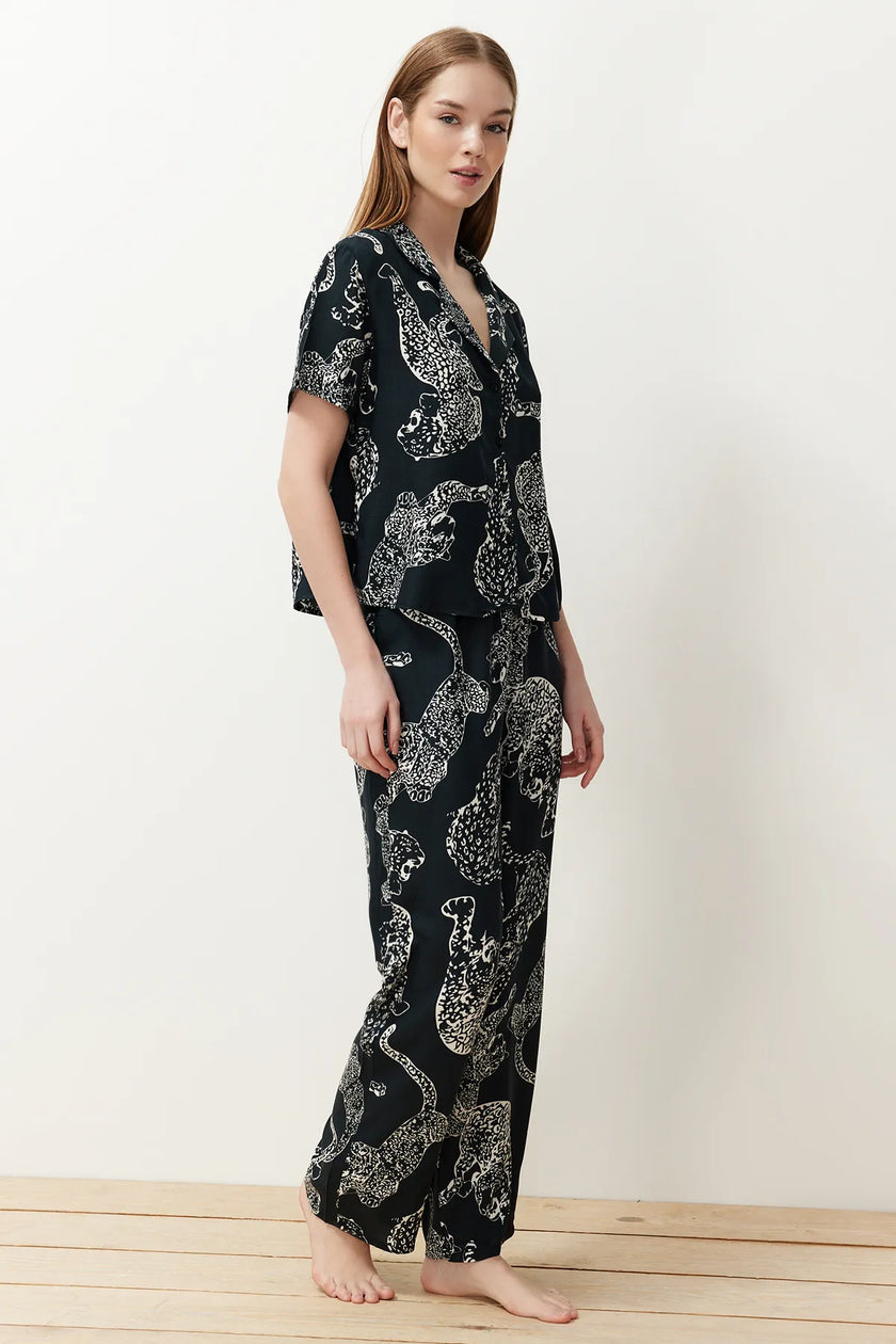 Anthracite Tiger Patterned Viscose Woven Pajama Set