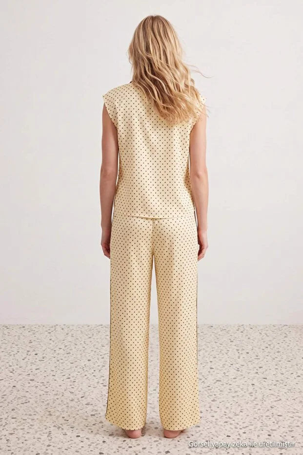 Yellow Polka Dot Piping Detail Viscose Woven Pajama Set