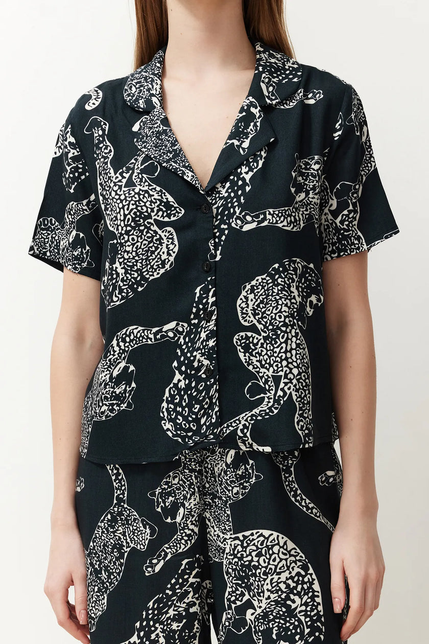 Anthracite Tiger Patterned Viscose Woven Pajama Set