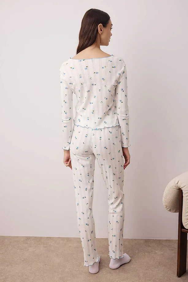 White-Blue Floral Ribbon/Bow Knitted Corduroy/Pointel Knit Pajama Set