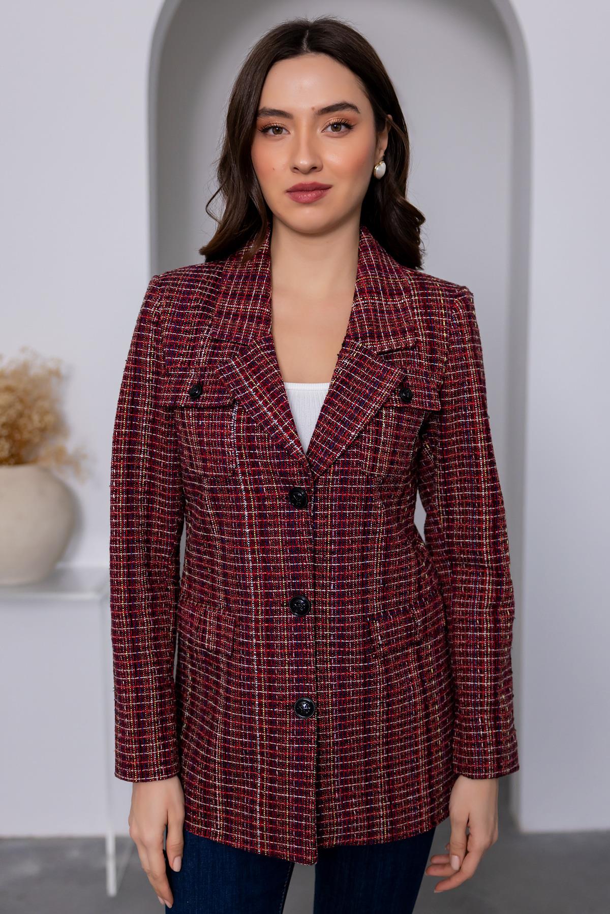 Patterned Tweed Jacket - DARK RED