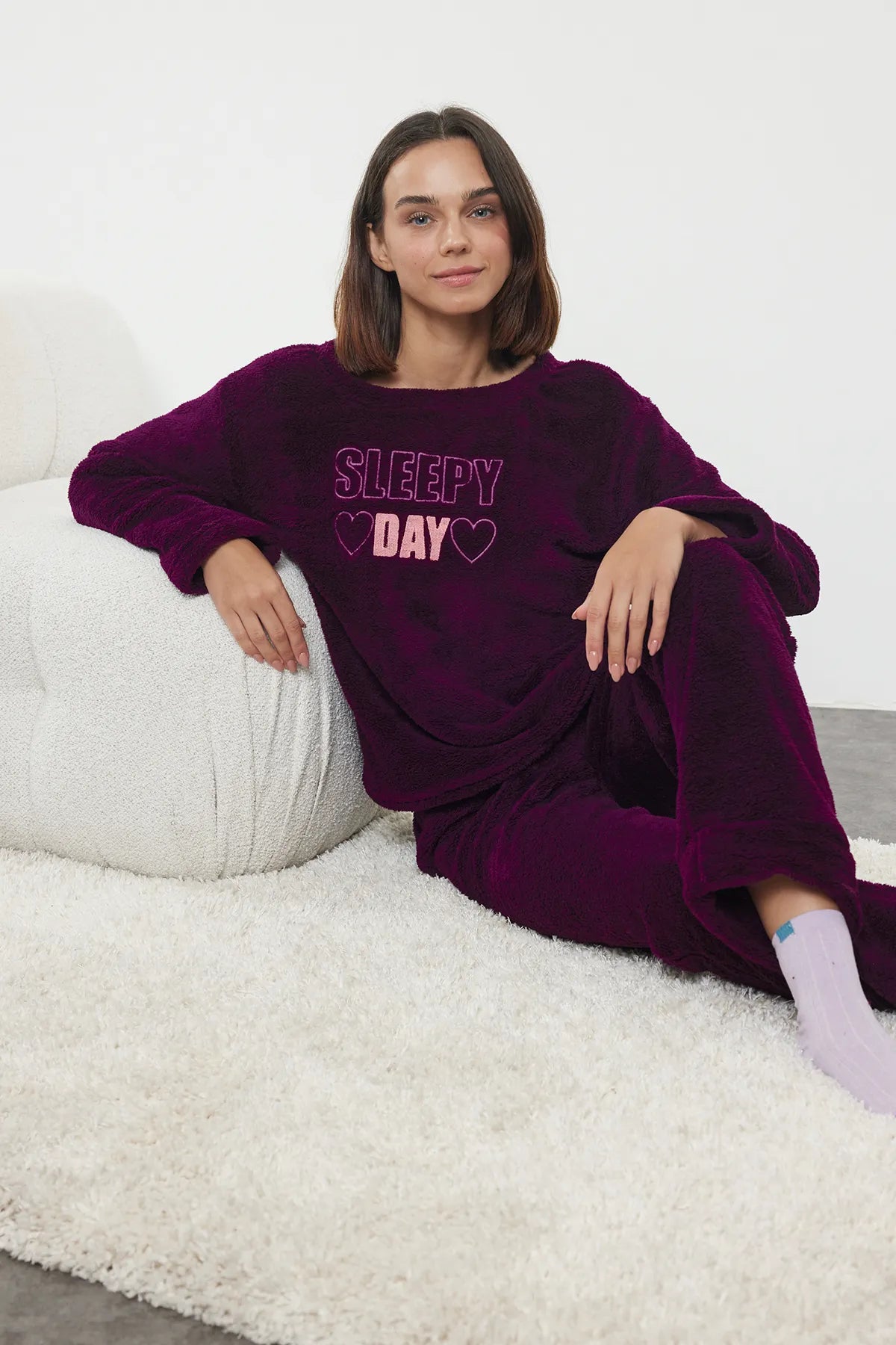 Wellsoft Winter Knitted Pajama Set with Plum Slogan and Heart