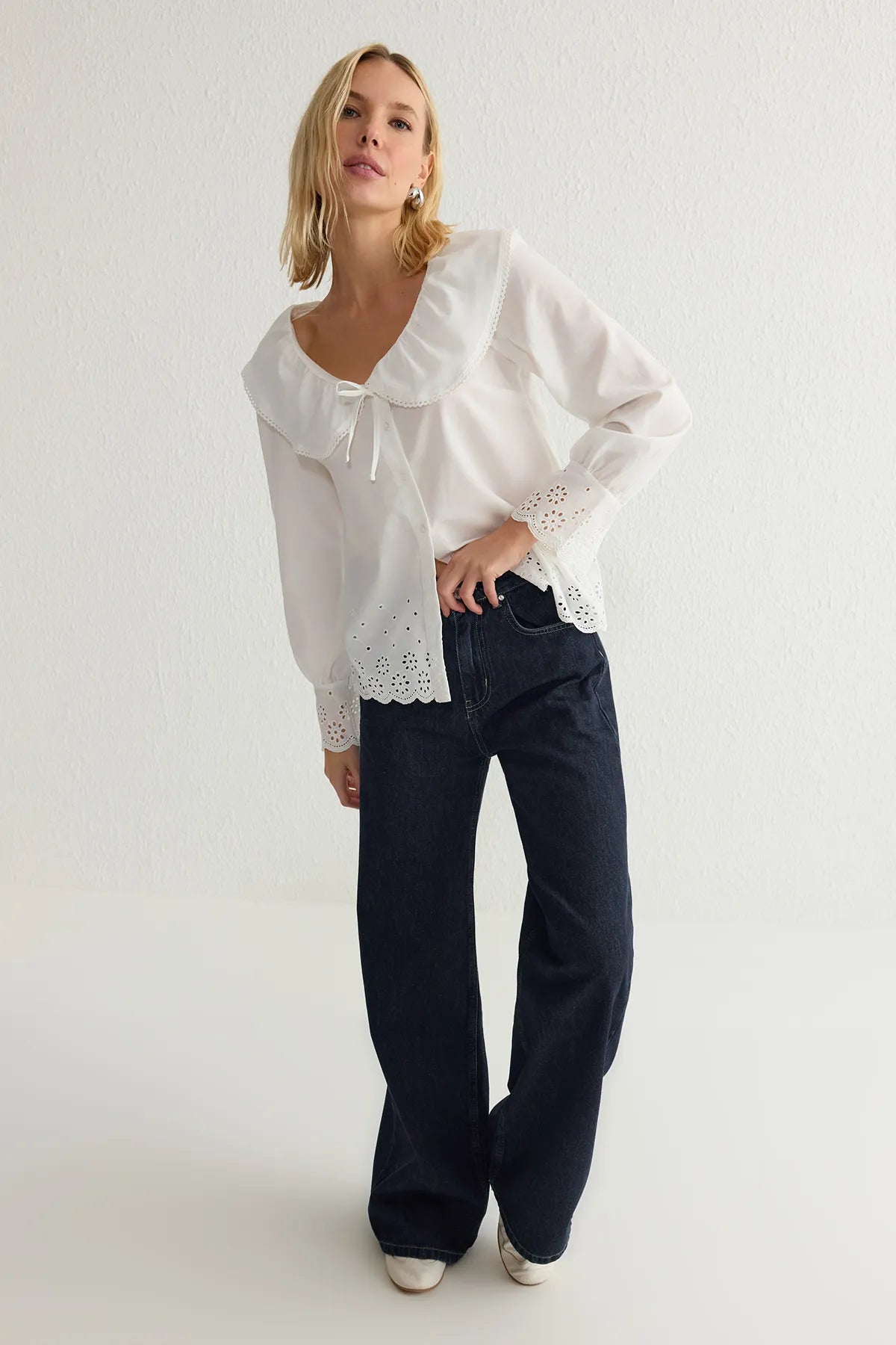 White Shirt with Embroidered Collar