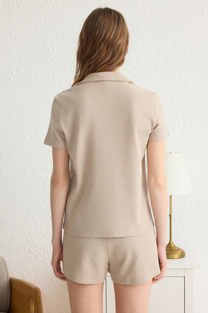 Beige Ribbon/Bow Detailed Waffle Fabric Knitted Pajama Set