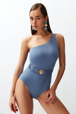 Blue Belted One Shoulder Premium Shell Accessory Regular Core Swimsuit