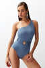 Blue Belted One Shoulder Premium Shell Accessory Regular Core Swimsuit