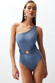 Blue Belted One Shoulder Premium Shell Accessory Regular Core Swimsuit