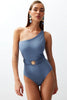Blue Belted One Shoulder Premium Shell Accessory Regular Core Swimsuit