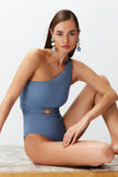 Blue Belted One Shoulder Premium Shell Accessory Regular Core Swimsuit