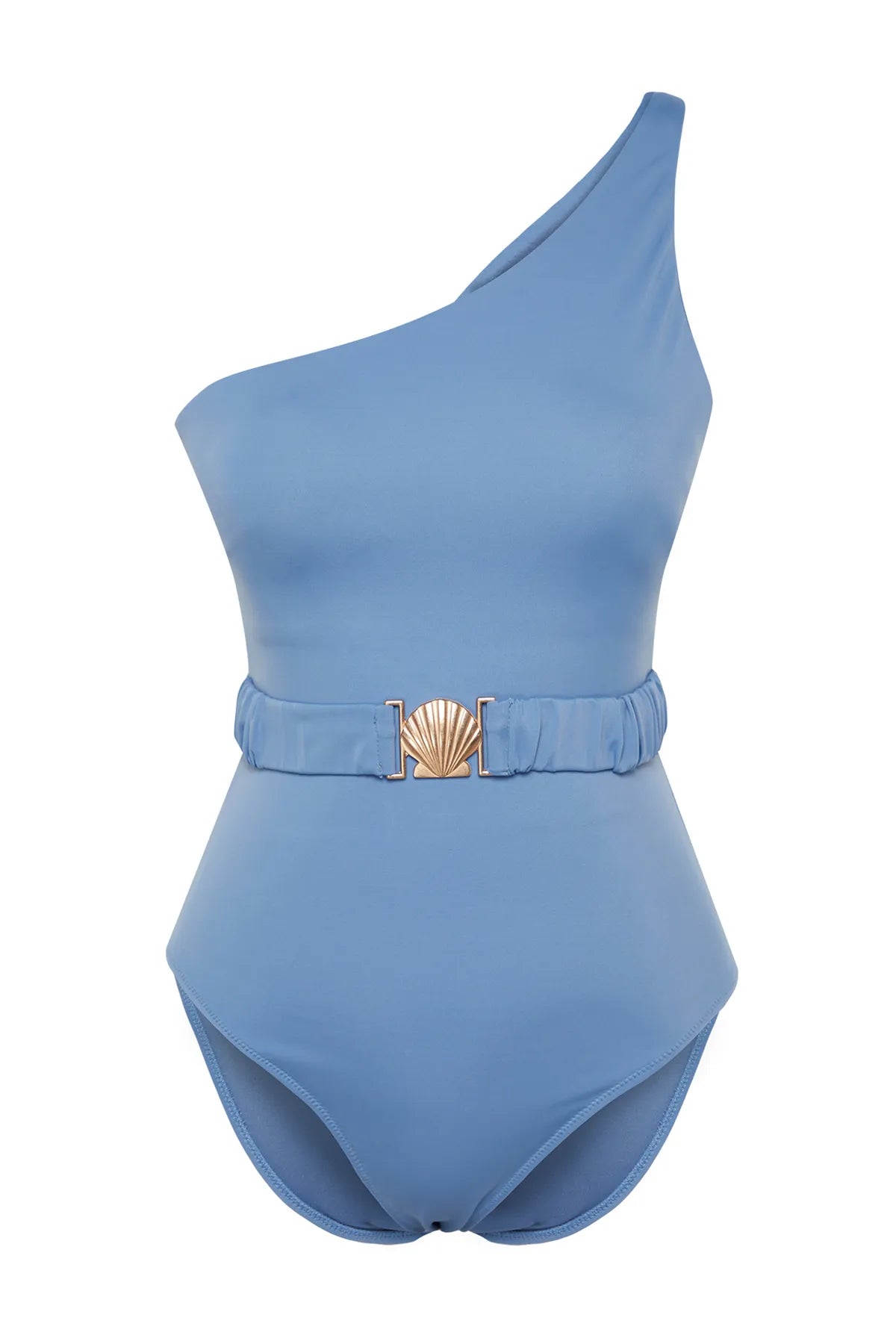 Blue Belted One Shoulder Premium Shell Accessory Regular Core Swimsuit