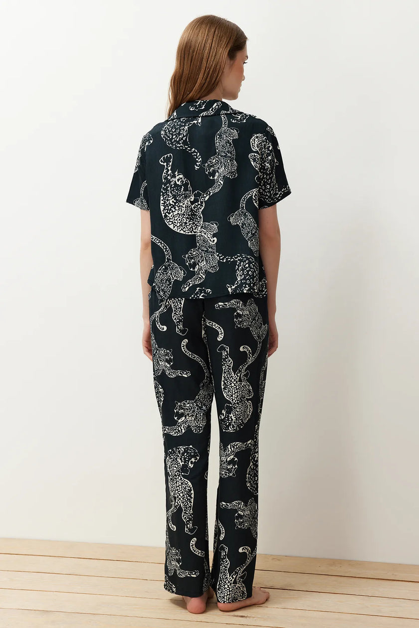Anthracite Tiger Patterned Viscose Woven Pajama Set