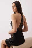 Black Satin-Woven Nightgown with Lace Detail and Straps
