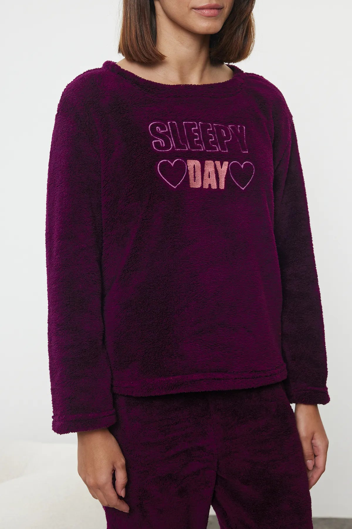 Wellsoft Winter Knitted Pajama Set with Plum Slogan and Heart