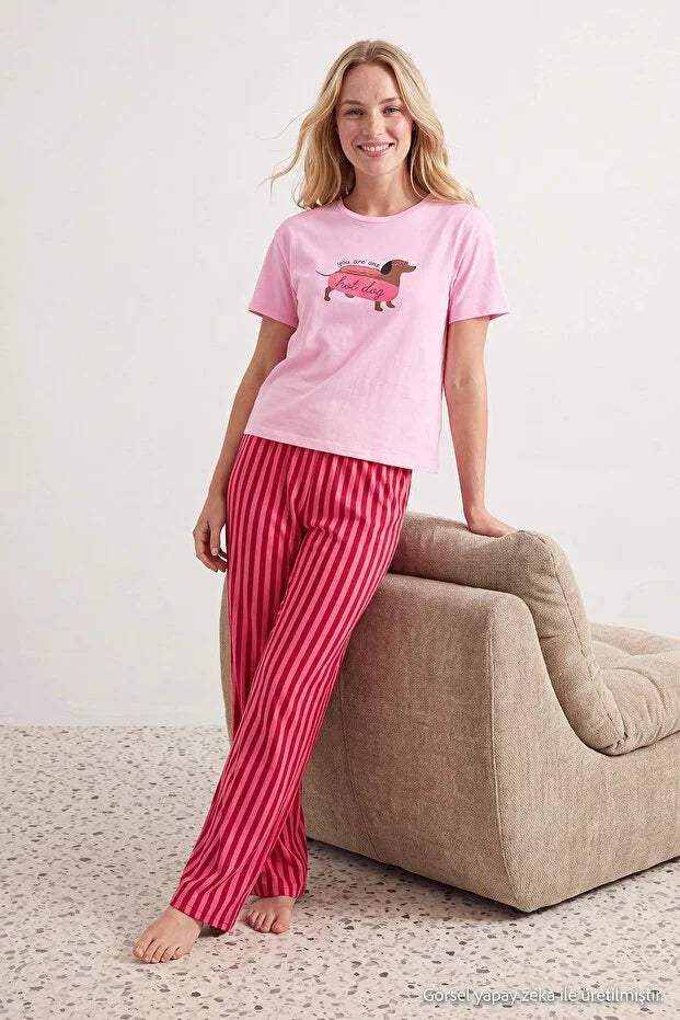 Pink Cotton Soft-Touch Stretch Striped Dog Print Knit Pajama Set