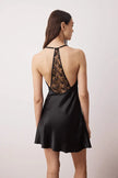 Black Satin-Woven Nightgown with Lace Detail and Straps