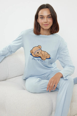 Blue Teddy Bear and Slogan Printed Knitted Pajama Set