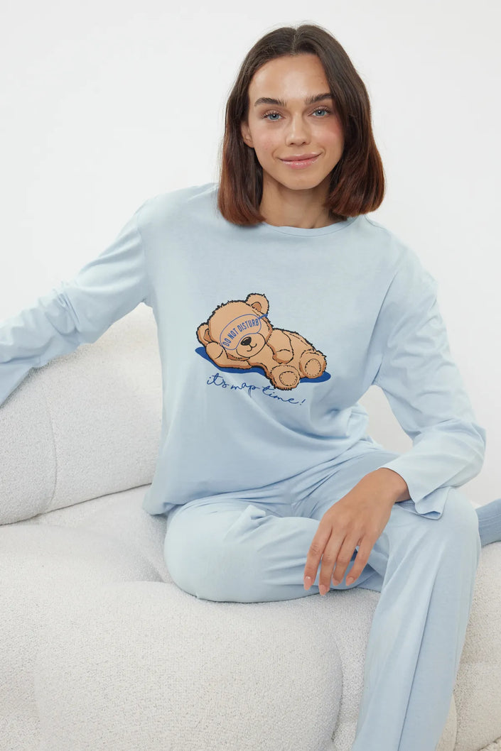 Blue Teddy Bear and Slogan Printed Knitted Pajama Set