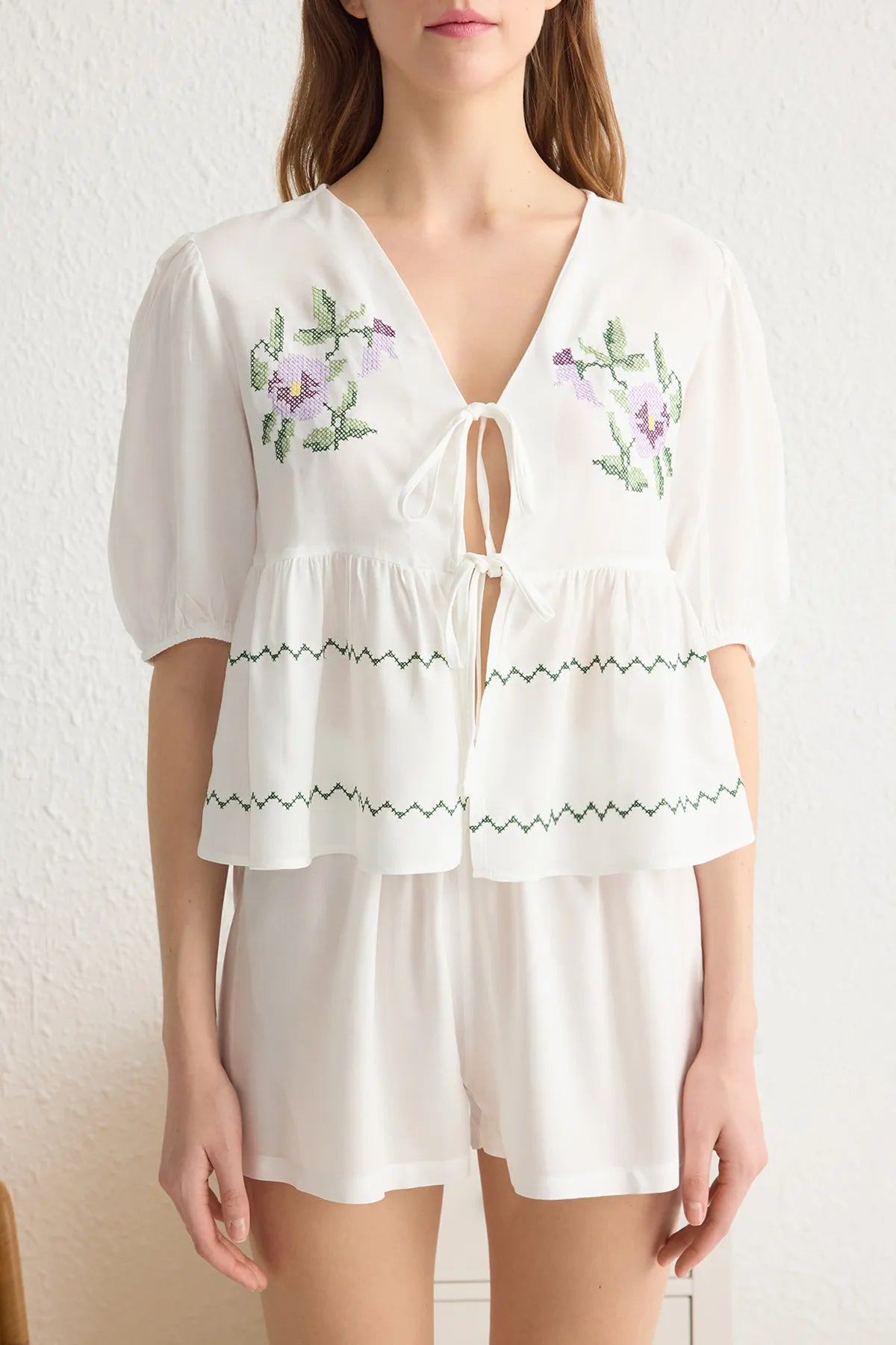 White Floral Embroidered Tie/Bow Detailed Viscose Woven Pajama Set