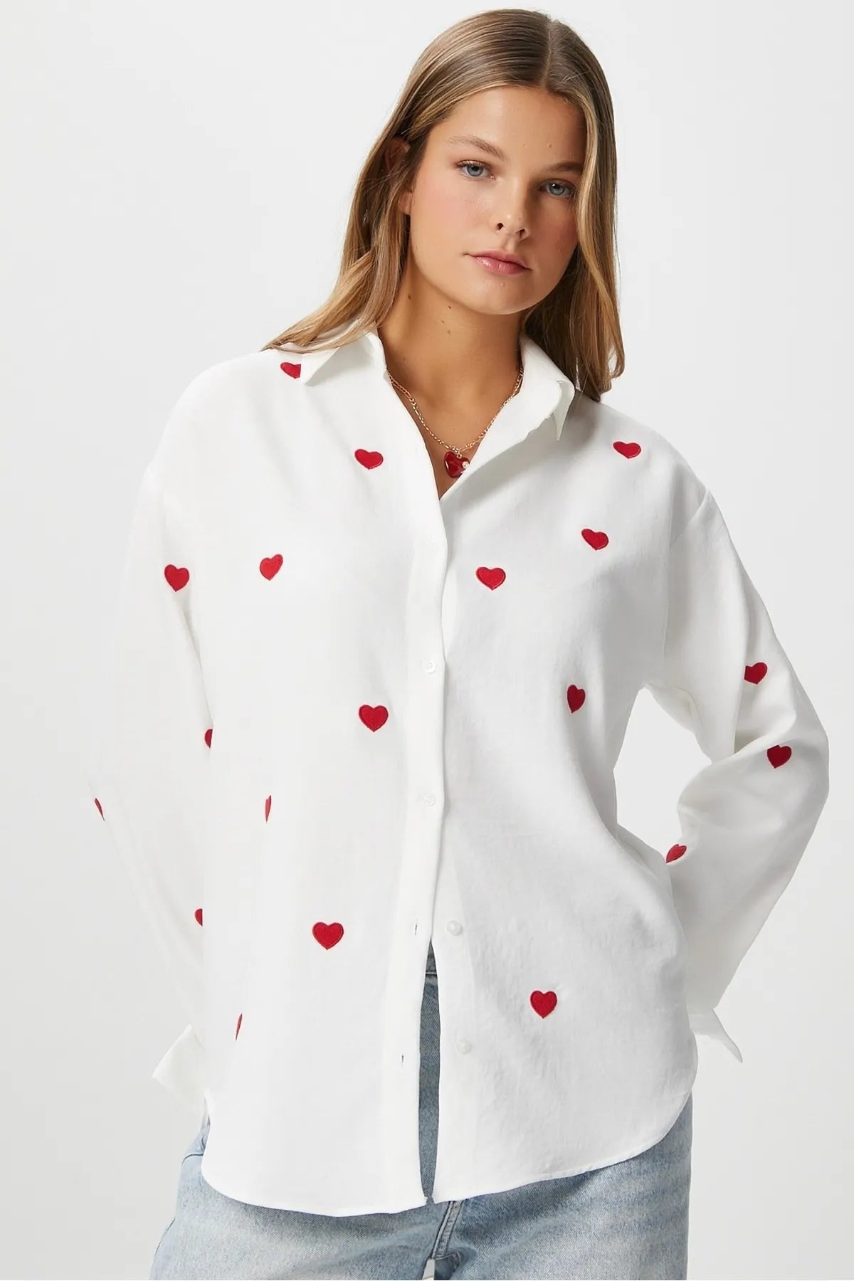 Women's Adela Red Heart Embroidered Shirt