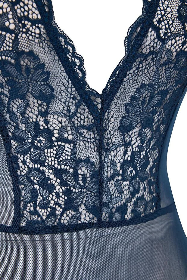 Petrol Tulle Lace Detail Non-Padded Knitted Bodysuit