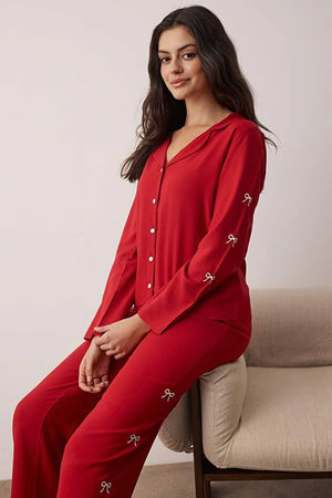 Burgundy Plain Shally Woven Pajama Set