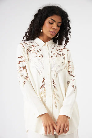 Linen Long Sleeve Shirt with Lace Embroidery on Front and Sleeves