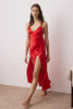 Red Satin-Woven Nightgown with Slit and Button Detail