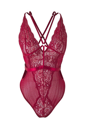 Dark Cherry Lace Openwork/Hole Piping Detailed Coverless Knitted Bodysuit