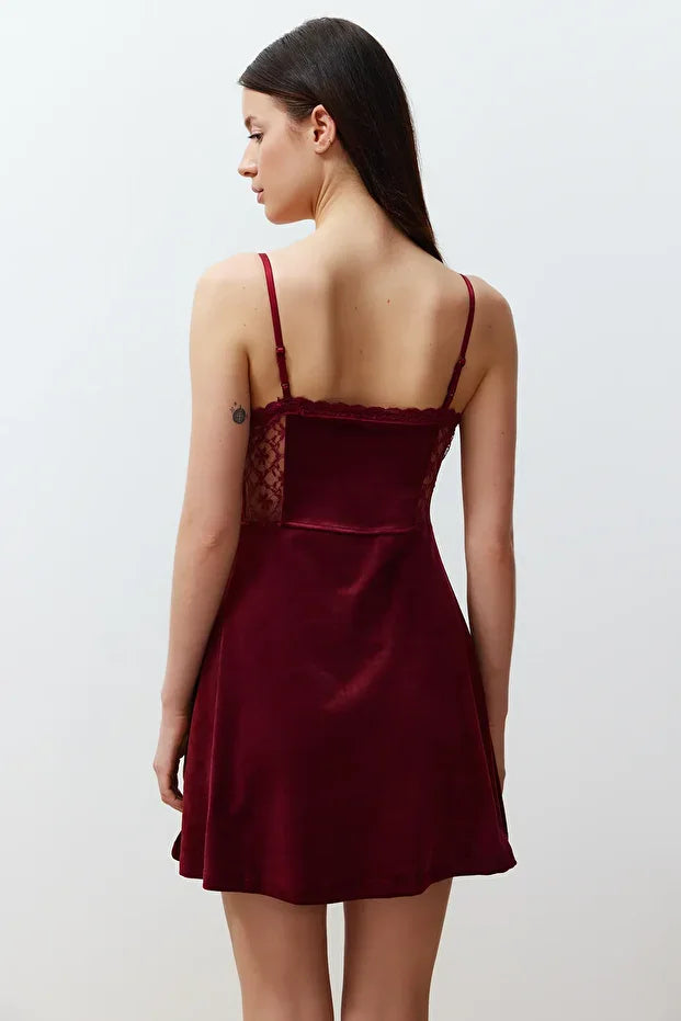 Burgundy Soft-Feel Laced Velvet Knit Nightgown with Rope Straps | Home Wear | Lingerie | Lebbse Burgundy Soft-Feel Laced Velvet Knit Nightgown with Rope Straps | Home Wear | Lingerie | Lebbse