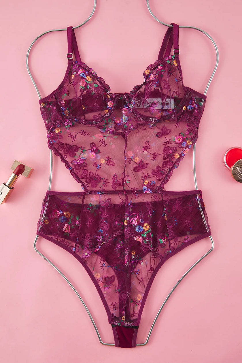 Dark Cherry Lace Embroidered Floral Uncovered Snap Knit Bodysuit