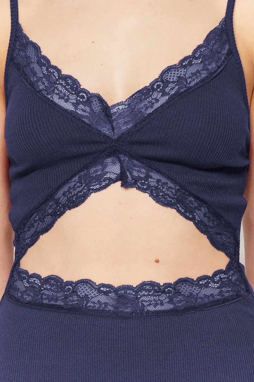 Navy Blue Cotton Lace Rope Strap Ribbed Knit Nightgown