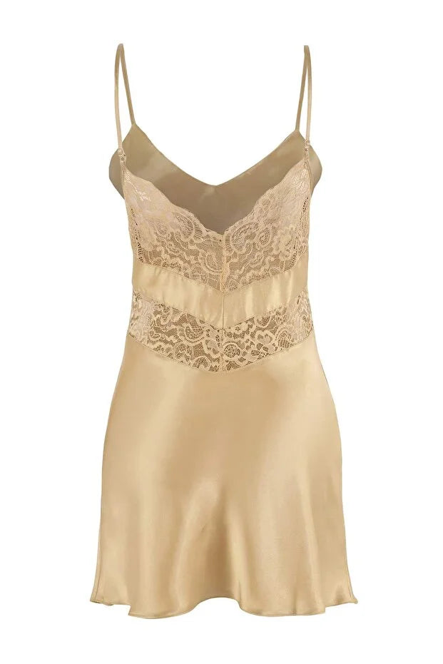 Gold Beige Satin Woven Nightdress with Lace-Up Back and Spaghetti Straps | Home Wear | Lingerie | Lebbse Gold Beige Satin Woven Nightdress with Lace-Up Back and Spaghetti Straps | Home Wear | Lingerie | Lebbse
