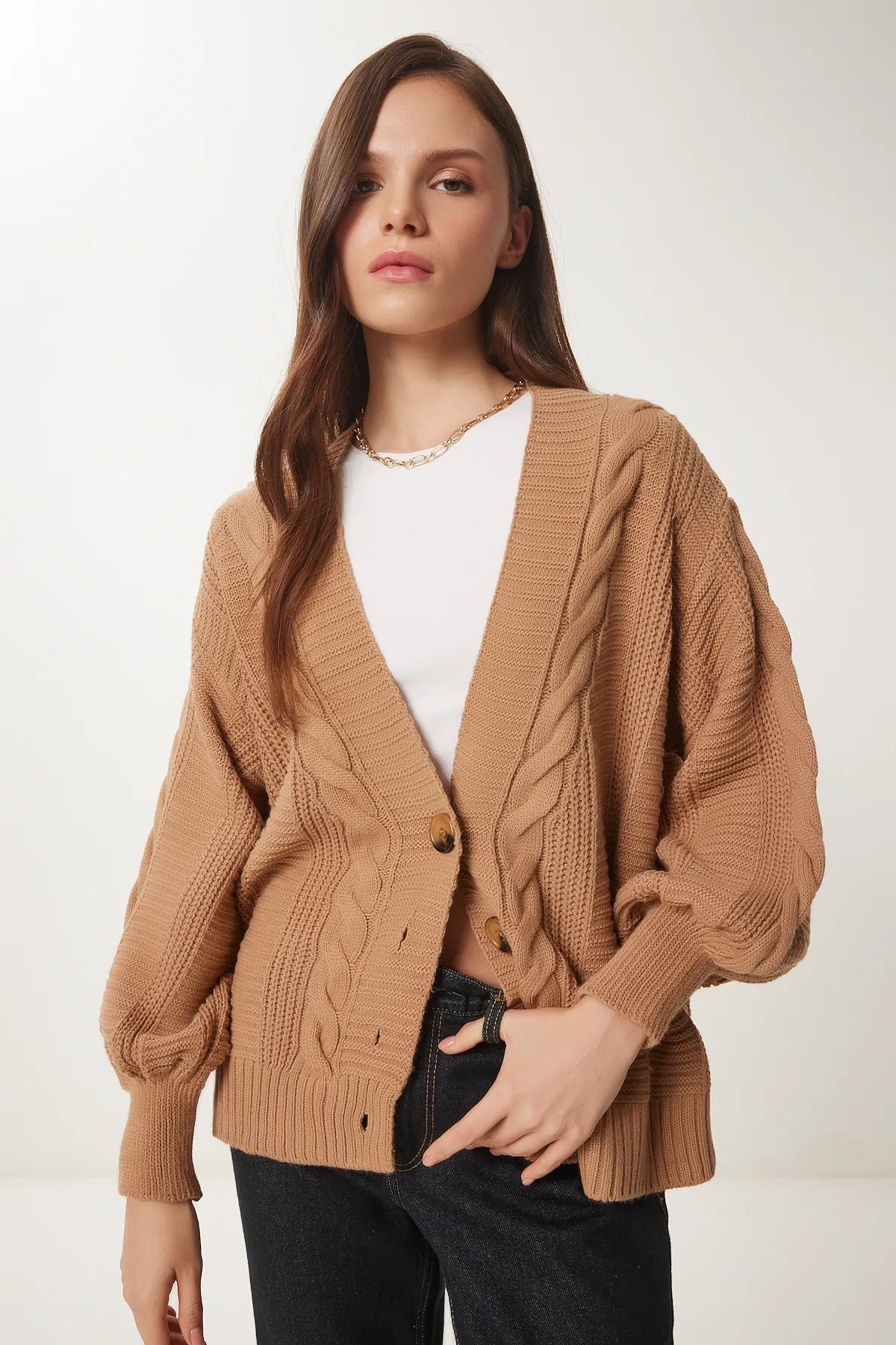 Biscuit Knitted Balloon Sleeve Casual Knit Cardigan