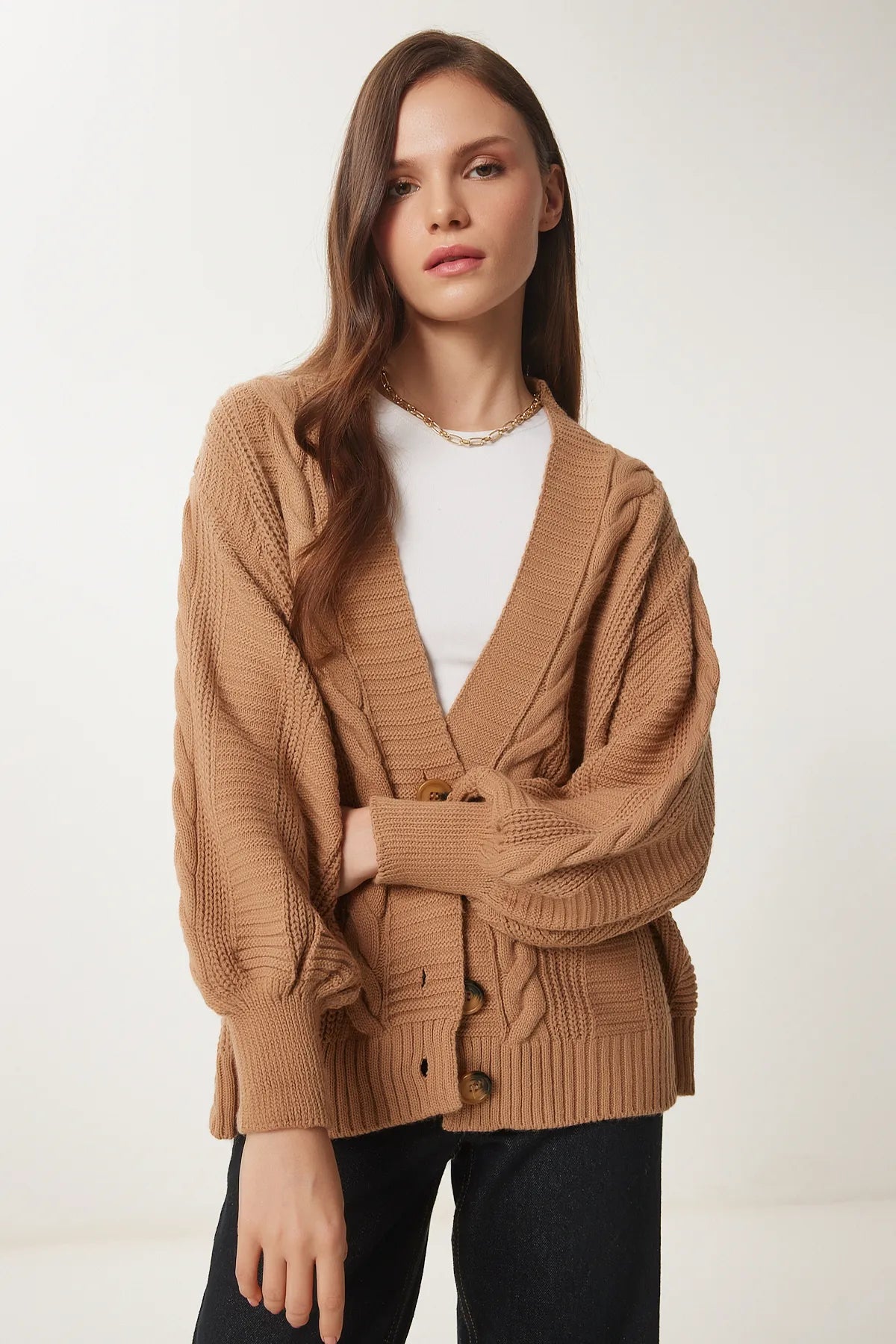 Biscuit Knitted Balloon Sleeve Casual Knit Cardigan